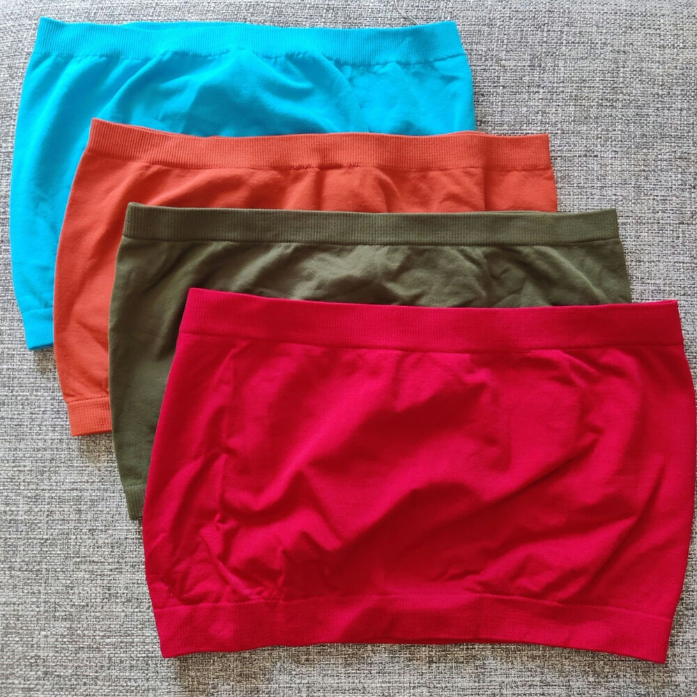 4 Pack One Size Bandeau Tops - Bright Blue, Olive, Burnt Orange, Red